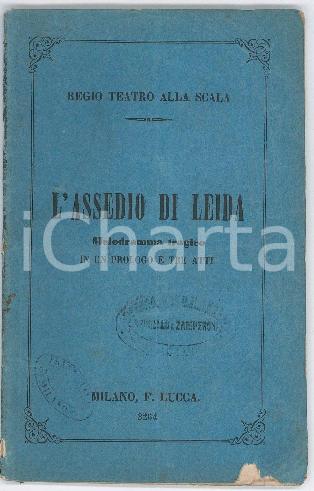 1866 Domenico BOLOGNESE/Errico PETRELLA L'assedio di Leida - Melodramma tragico Libretto d'opera, originale d'epoca.Melodramma tragico composto in un prologo e tre atti scritti da Domenico Bolognese e posto in musica dal maestro Errico Petrella, da rappresentarsi nel R. Teatro Alla Scala.EDITORE: Francesco Lucca - MilanoPAGINE: 39 POOR/danneggiato gualciture angolari, mancanza al lato inferiore, piegature e macchie in copertina, parziale distacco del dorso. Quarta di copertina con strappi e piegature. Pagine interne con strappi, piegature e fioriture. Formato: 11 x 18 cm originale e autentica 1