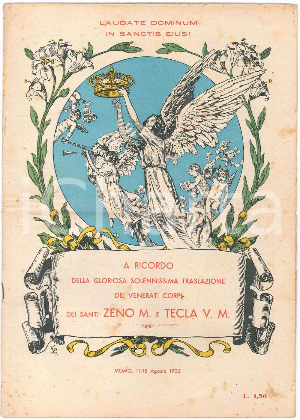 1935 MOMO (NO) XXV Anniversario traslazione corpi SS. Zeno e Tecla *Numero Unico Pubblicazione commemorativa d'epoca, con illustrazioni b/n e immagine di copertina a colori.Numero unico.PAGINE: 18 POOR/danneggiato piegatura centrale d'epoca, che interessa tutto il fascicolo; macchie e fioriture in copertina; gualciture angolari Formato: 24x34 cm originale e autentica 1