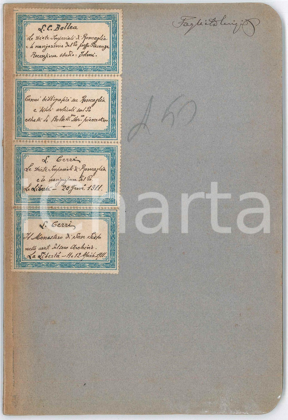 1911 L. C. BOLLEA - L. CERRI - Diete imperiali di Roncaglia - Rassegna Quaderno d'epoca, contenente la riproduzione dattiloscritta di due articoli di L. C. Bollea, "Le Diete imperiali di Roncaglia" e "La navigazione del Po presso Piacenza", pubblicati nel "Bollettino Storico Piacentino" del 1911, oltre a due articoli di L. Cerri, in forma di ritaglio di giornale, il primo sulle Diete di Roncaglia e il secondo sul monastero di San Sisto. PAGINE: 40 circa GOOD/buono  Formato: 16x23 cm originale e autentica 1