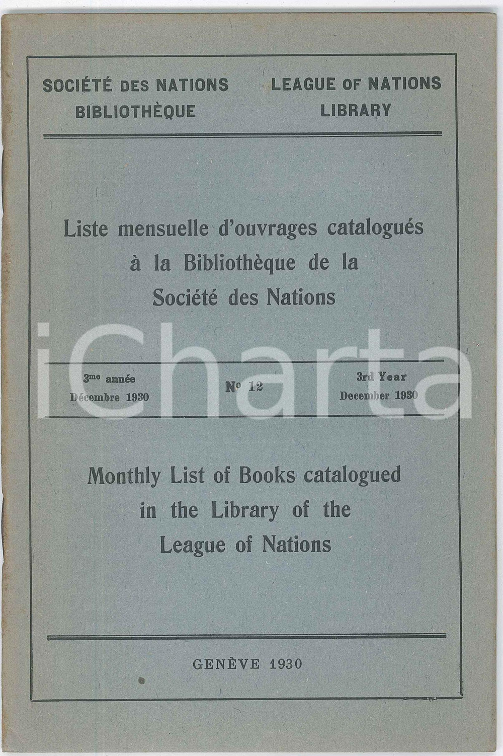 Giornale, rivista storica 1930 GENÃˆVE LEAGUE OF NATIONS LIBRARY  Monthly list of books catalogued nÂ°12 1