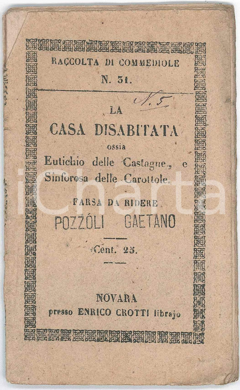 1857 TEATRO Giovanni GIRAUD La casa disabitata - FARSA *Ed. Enrico CROTTI NOVARA Pubblicazione d'epoca, nella collana "Raccolta di Commediole", n&deg; 51.PAGINE: 33 VERY POOR/gravemente danneggiato sporadiche sottolineature e note interne; legatura lenta e distacco dalla copertina, che presenta uno strappo lungo il dorso Formato: 10x15 cm originale e autentica 1