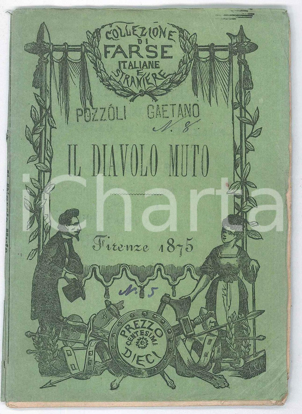 1875 TEATRO Gaetano POZZOLI Il diavolo muto - Ed. SALANI FIRENZE Pubblicazione d'epoca, nella collana "Collezione di farse italiane e straniere" (N&deg; 5).PAGINE: 32 FAIR/discreto piegature e gualciture angolari Formato: 10x14 cm originale e autentica 1