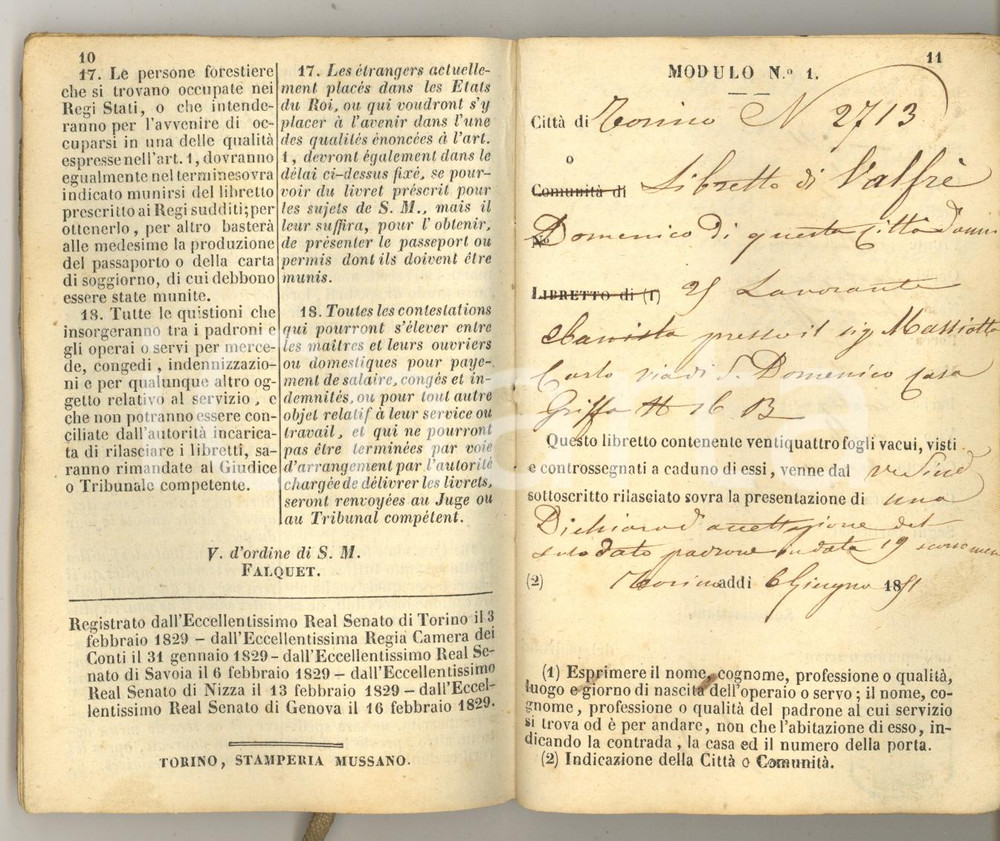 1851 TORINO Libretto Domenico VALFRE' lavorante ebanista - Regolamento Libretto di un lavorante, a stampa con inserti e dichiarazioni manoscritte, che reca all'inizio il regolamento della categoria.Copertina in pergamena con titolo manoscritto.PAGINE: 14 scritte FAIR/discreto piccole piegature angolari Formato: 8x13 cm originale e autentica 1