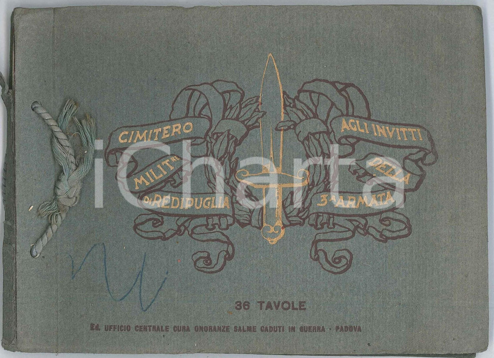 1926 Cimitero militare REDIPUGLIA agli invitti della 3^ Armata - Pubblicazione Pubblicazione d'epoca illustrata.EDITORE: Ufficio Centrale cura onoranze salme caduti in guerra - Padova POOR/danneggiato Gualciture in copertina, parziale distacco della copertina dal dorso, strappi al dorso Formato: 18x13 cm originale e autentica 1