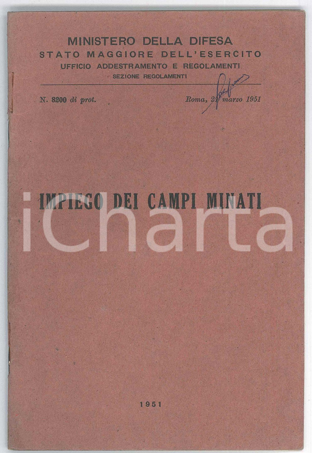 Libro, pubblicazione d epoca 1951 MINISTERO DELLA DIFESA Ufficio Addestramento  Impiego dei campi minati 1