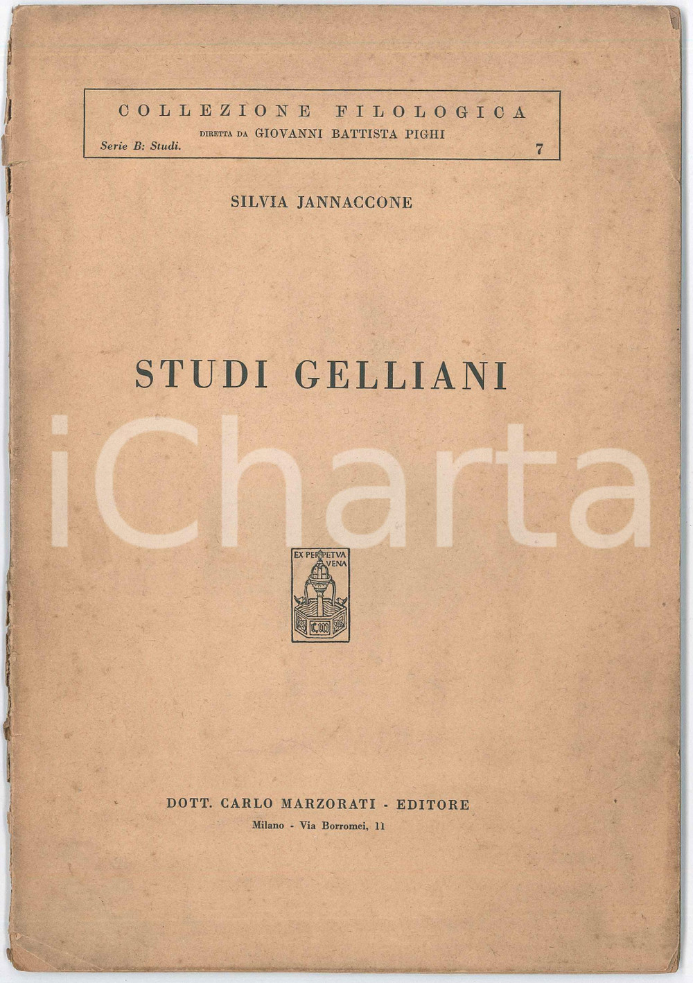 Libro, pubblicazione d epoca 1947 Silvia JANNACCONE Studi Gelliani  Aulo GELLIO  Carlo Marzorati Editore 1