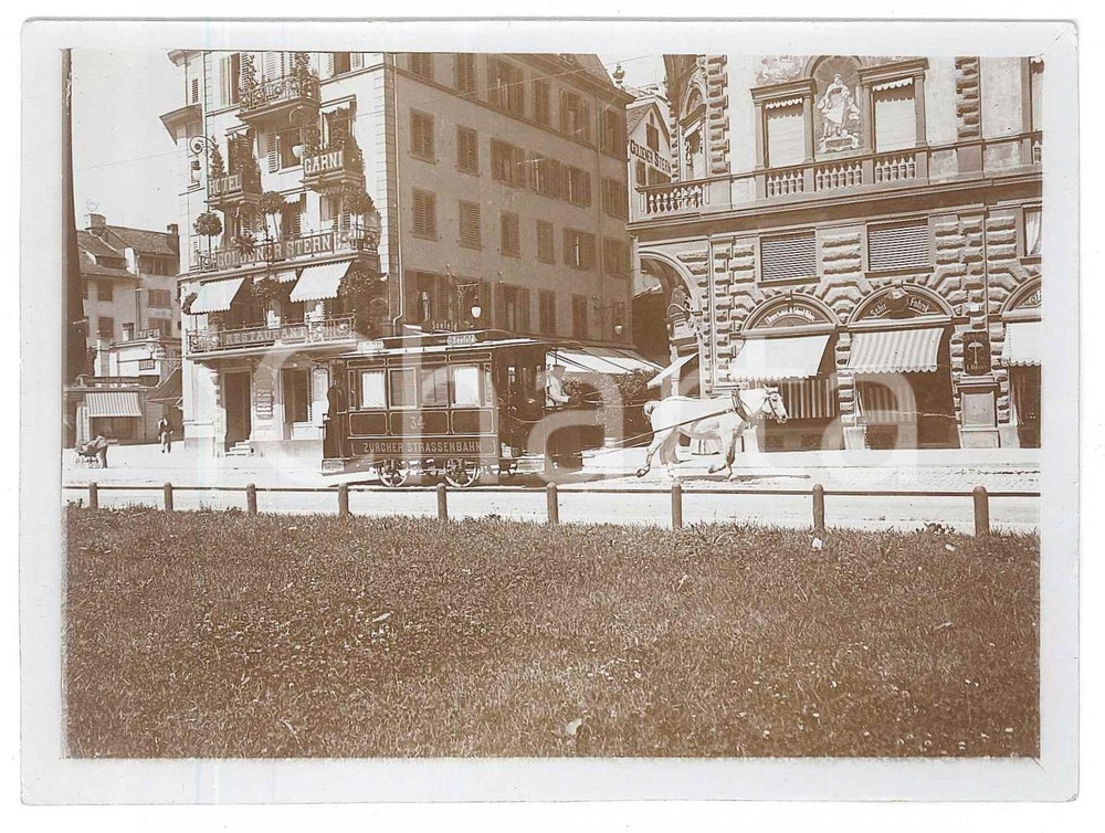 1910 ca ZURICH (SWITZERLAND) Street with omnibus - Hotel Garni *Photo  Fotografia d'epoca. GOOD/buono  Formato: 12x9 cm originale e autentica 1