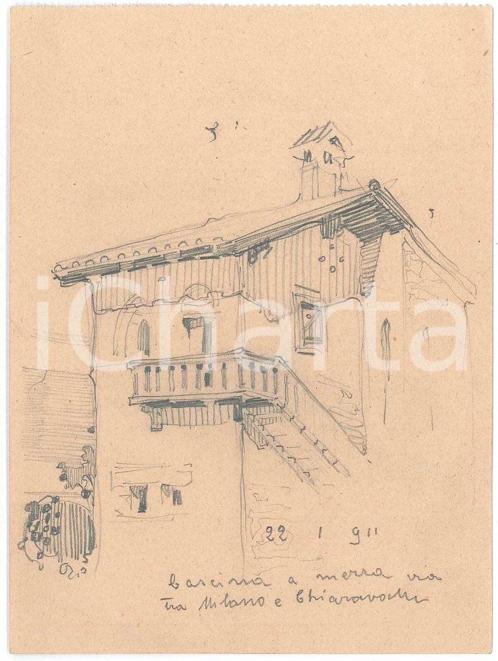 1911 MILANO - CHIARAVALLE Cascina tradizionale - Disegno a matita 12x16 cm  Disegno originale a matita su carta.CONDIZIONI: GFORMATO: 12x16 cm    originale e autentica 1