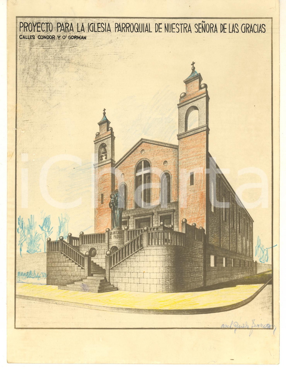 1950 ca BUENOS AIRES Chiesa padri di S. Antonio - Foto progetto Guido FERRAZZA Fotografia d'epoca, con ritocchi manuali, che mostra il progetto della chiesa di Nuestra Se&ntilde;ora de las Gracias, realizzata per i padri conventuali di Padova.CONDIZIONI: P (piegatura evidente al lato sinistro)FORMATO: 18x24 cm     originale e autentica 1