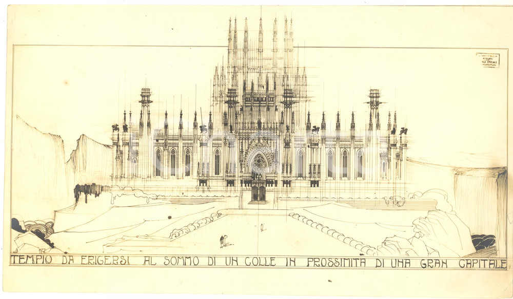 1930 ca Architetto Guido FERRAZZA - Tempio al sommo di un colle *Foto progetto Fotografia d'epoca.CONDIZIONI: F (piegature angolari)FORMATO: 25x14 cm     originale e autentica 1