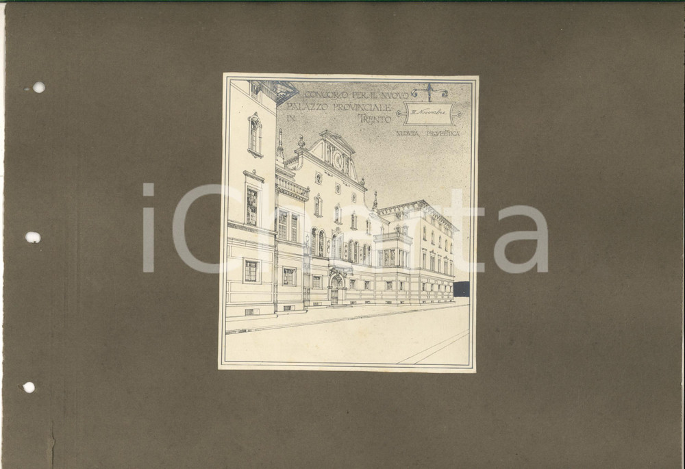 1920 ca TRENTO Concorso Palazzo Provinciale - Foto progetto arch. FERRAZZA (3) Fotografia d'epoca, su cartoncino morbido, che mostra il progetto dell'architetto Guido Ferrazza presentato al concorso per il nuovo Palazzo Provinciale di Trento.CONDIZIONI: P (buone condizioni della fotografia, ma strappo di circa 4 cm al cartoncino; fori da classificatore al lato sinistro)FORMATO: 31x22 cm (cartoncino)     originale e autentica 1