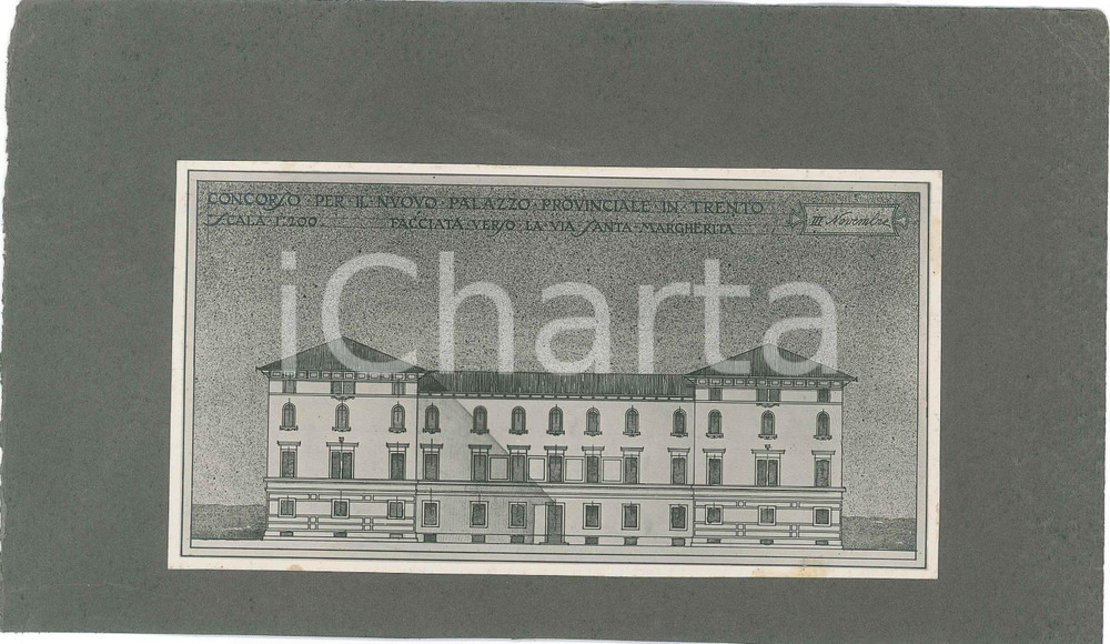 1920 ca TRENTO Concorso Palazzo Provinciale ^Foto progetto arch. FERRAZZA (2) Fotografia d'epoca, su cartoncino morbido, che mostra il progetto dell'architetto Guido Ferrazza presentato al concorso per il nuovo Palazzo Provinciale di Trento.E' ritratta la facciata verso via Santa Margherita.CONDIZIONI: G (ma piccole tracce di colla al lato inferiore)FORMATO: 24x13 cm (cartoncino)     originale e autentica 1