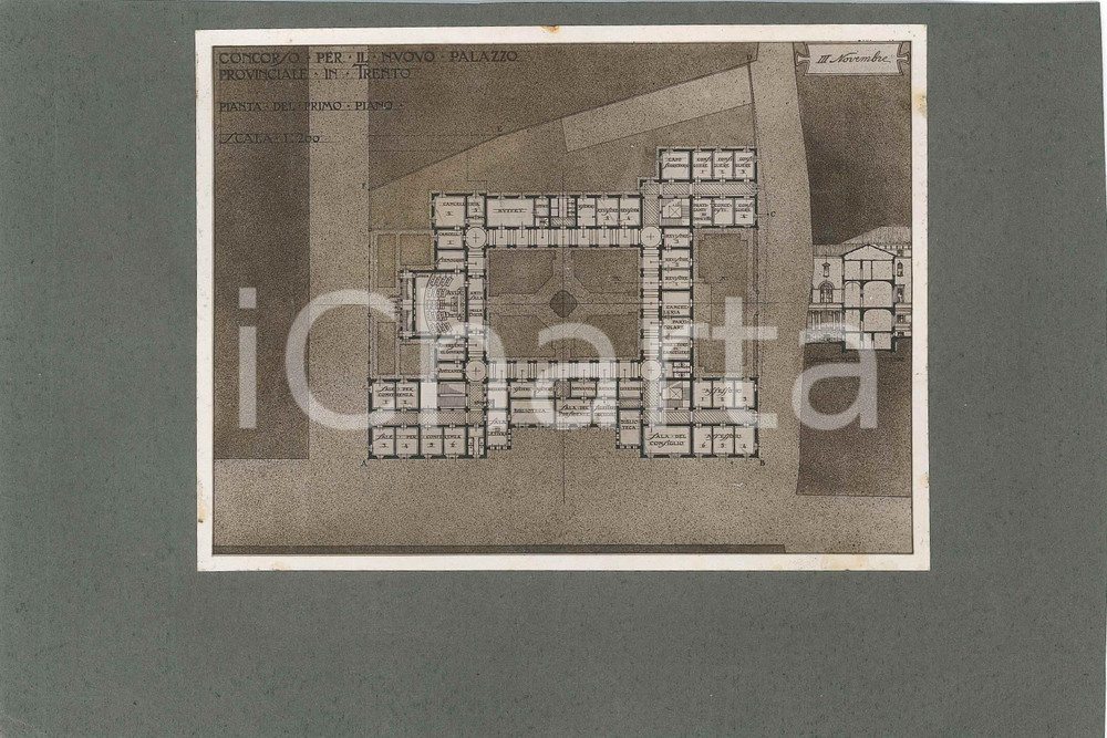 1920 ca TRENTO Concorso Palazzo Provinciale *Foto progetto arch. FERRAZZA (6) Fotografia d'epoca, su cartoncino morbido, che mostra il progetto dell'architetto Guido Ferrazza presentato al concorso per il nuovo Palazzo Provinciale di Trento.E' ritratta la pianta del piano primo.CONDIZIONI: F (macchie marginali di colla)FORMATO: 24x16 cm (cartoncino)     originale e autentica 1