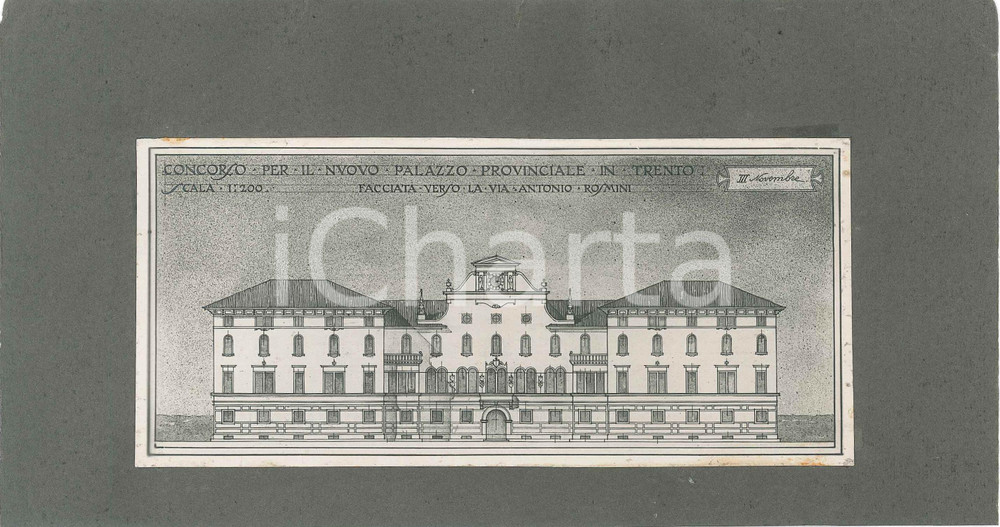 1920 ca TRENTO Concorso Palazzo Provinciale ^2 Foto progetto arch. FERRAZZA (1) Lotto di 2 fotografie d'epoca, ai due lati di un cartoncino morbido, che mostrano il progetto dell'architetto Guido Ferrazza presentato al concorso per il nuovo Palazzo Provinciale di Trento.Sono ritratte la facciata verso via Rosmini e la facciata verso la via del Nuovo Macello.CONDIZIONI: G (ma piccole tracce di colla al lato inferiore)FORMATO: 24x13 cm (cartoncino)     originale e autentica 1