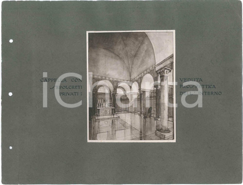 1920 TRENTINO Cappella con sepolcreti - Cappella di montagna *4 foto progetti Lotto di quattro fotografie d'epoca, che mostrano due progetti dello studio di architettura di Guido Ferrazza, Ottavio Cabiati e Alberto Alpago-Novello.Montate sui due lati di un cartoncino morbido.CONDIZIONI: G (fori da classificatore a un lato e minimo strappo marginale)FORMATO: 30x24 cm (cartoncino)     originale e autentica 1