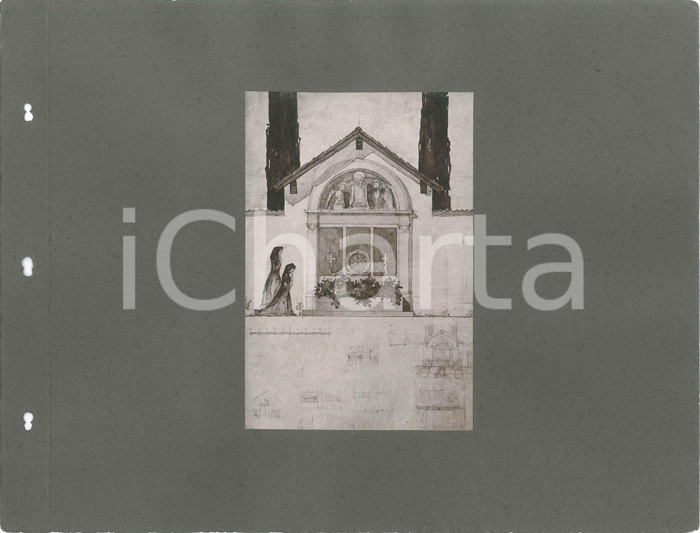 1920 ca RIVAMONTE AGORDINO (BL) Cappellina in memoria Caduti *2 foto progetti Lotto di due fotografie d'epoca, che mostrano un progetto dello studio di architettura di Guido Ferrazza, Ottavio Cabiati e Alberto Alpago-Novello.Montate sui due lati di un cartoncino morbido.CONDIZIONI: G (fori da classificatore a un lato)FORMATO: 30x24 cm (cartoncino)     originale e autentica 1