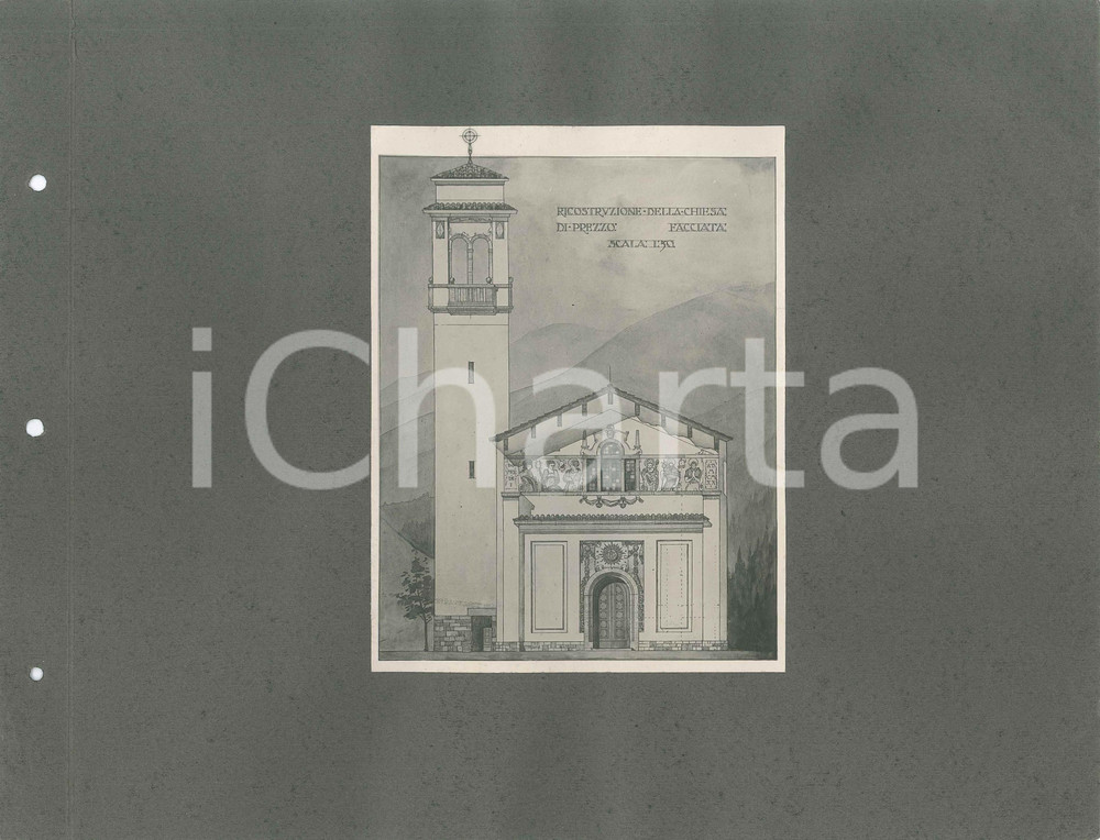 1920 ca PREZZO (TN) Facciata chiesa - Cappella con sepolcreti *4 foto progetti Lotto di due fotografie d'epoca, che mostrano un progetto dello studio di architettura di Guido Ferrazza, Ottavio Cabiati e Alberto Alpago-Novello.Montate sui due lati di un cartoncino morbido.CONDIZIONI: G (fori da classificatore a un lato)FORMATO: 30x24 cm (cartoncino)     originale e autentica 1