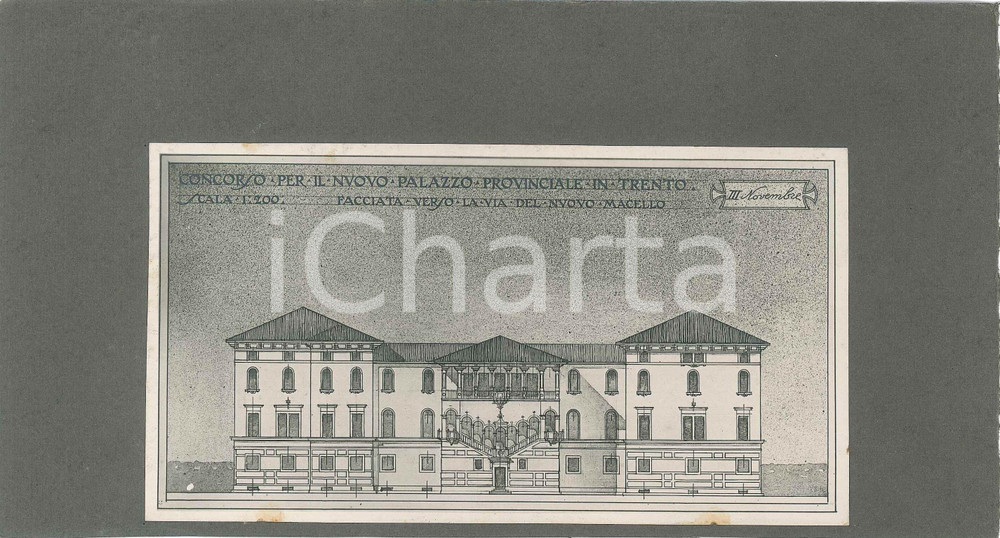 1920 ca TRENTO Concorso Palazzo Provinciale *2 Foto progetto arch. FERRAZZA (1) Lotto di 2 fotografie d'epoca, ai due lati di un cartoncino morbido, che mostrano il progetto dell'architetto Guido Ferrazza presentato al concorso per il nuovo Palazzo Provinciale di Trento.Sono ritratte la facciata verso via Rosmini e la facciata verso la via del Nuovo Macello.CONDIZIONI: G (ma piccola traccia di colla al lato inferiore)FORMATO: 24x13 cm (cartoncino)     originale e autentica 1