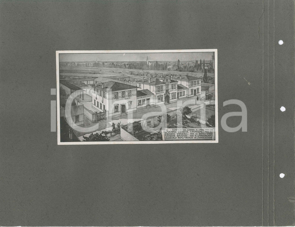 1925 ca SAN DONA' DI PIAVE Edifici Credito Veneto - Foto progetto arch. FERRAZZA Fotografia d'epoca, che mostra il progetto di edifici per la Societ&agrave; Veneta Legnami, Credito Veneto, Industrie Venete Riunite e Sindacato Agricolo Industriale, opera dell'architetto Guido Ferrazza.Montato su cartoncino morbido.CONDIZIONI: P (buone condizioni della fotografia, ma strappo di 4 cm al cartoncino, lato superiore; fori da classificatore a un lato)FORMATO: 17x10 cm (fotografia); 32x24 cm (cartoncino)     originale e autentica 1