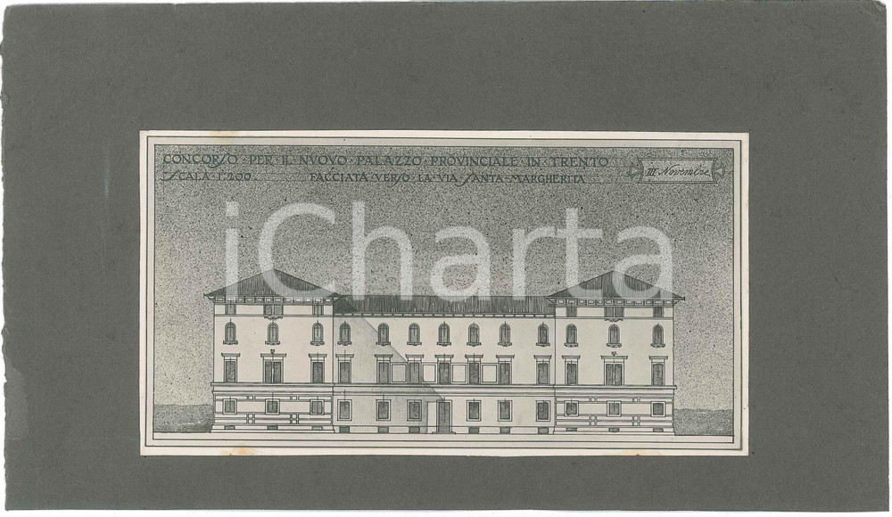 1920 ca TRENTO Concorso Palazzo Provinciale *Foto progetto arch. FERRAZZA (2) Fotografia d'epoca, su cartoncino morbido, che mostra il progetto dell'architetto Guido Ferrazza presentato al concorso per il nuovo Palazzo Provinciale di Trento.E' ritratta la facciata verso via Santa Margherita.CONDIZIONI: G (ma piccola traccia di colla al lato inferiore)FORMATO: 24x13 cm (cartoncino)     originale e autentica 1