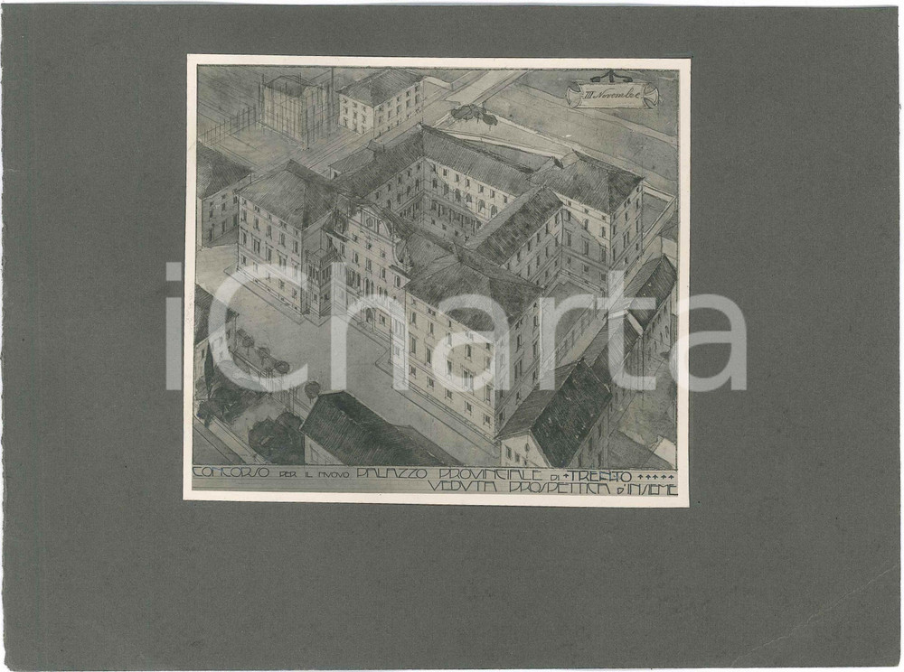 1920 ca TRENTO Concorso Palazzo Provinciale ^Foto progetto arch. FERRAZZA (4) Fotografia d'epoca, su cartoncino morbido, che mostra il progetto dell'architetto Guido Ferrazza presentato al concorso per il nuovo Palazzo Provinciale di Trento.E' ritratta la prospettiva d'insieme.CONDIZIONI: F (piegatura angolare al cartoncino)FORMATO: 24x18 cm (cartoncino)     originale e autentica 1