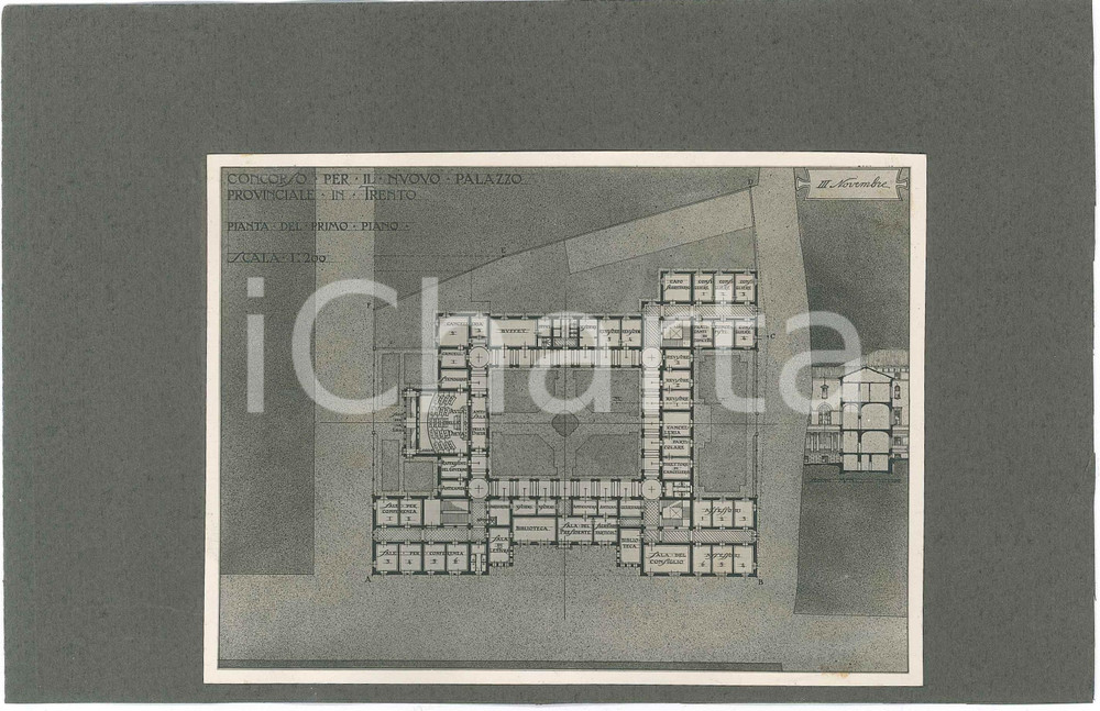 1920 ca TRENTO Concorso Palazzo Provinciale - Foto progetto arch. FERRAZZA (6) Fotografia d'epoca, su cartoncino morbido, che mostra il progetto dell'architetto Guido Ferrazza presentato al concorso per il nuovo Palazzo Provinciale di Trento.E' ritratta la pianta del piano primo.CONDIZIONI: F (minime macchie marginali di colla; piccolo strappo al verso)FORMATO: 24x16 cm (cartoncino)     originale e autentica 1