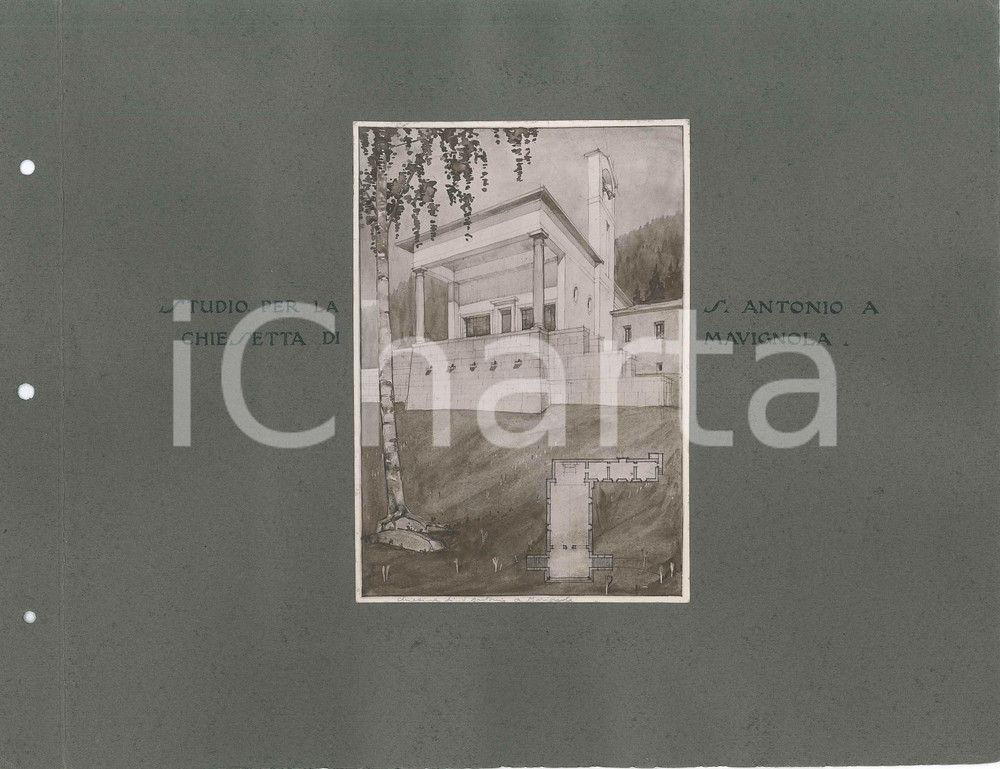 1920 ALA (TN) Chiesa MARANI - S. ANTONO DI MAVIGNOLA Chiesetta *2 foto progetti Lotto di due fotografie d'epoca, che mostrano il progetto degli architetti Ottavio Cabiati e Guido Ferrazza.Montate su cartoncino morbido.CONDIZIONI: G (fori da classificatore a un lato)FORMATO: 30x24 cm (cartoncino)     originale e autentica 1
