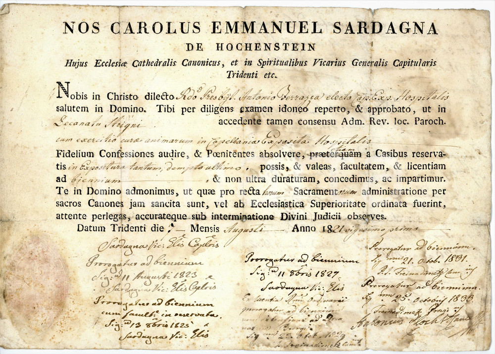 Documento originale, autentico 1821 STRIGNO TN Don Antonio FERRAZZA nuovo curato  Attestato con sigillo 1