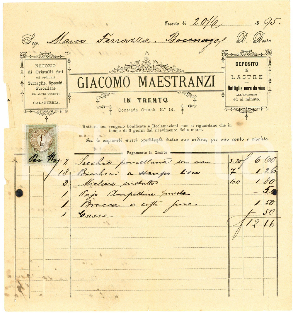 1895 TRENTO Contrada Oriuola - Giacomo MAESTRANZI - Cristalli fini *Fattura Fattura d'epoca, su carta intestata. FAIR/discreto piegature d'epoca; piccoli strappi al lato sinistro  originale e autentica 1