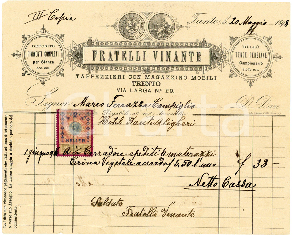 1898 TRENTO Via Larga 29 - Fratelli VINANTE Tappezzieri - Mobili *Fattura Fattura d'epoca, su carta intestata. FAIR/discreto piegature d'epoca  originale e autentica 1