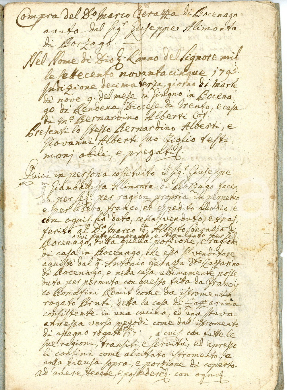 1795-1801 BOCENAGO Quaderno 3 atti manoscritti famiglia FERRAZZA *16 pp. Quaderno contenente tre atti manoscritti legati alla famiglia Ferrazza:- l'acquisto di una casa a Bocenago da Giuseppe Alimonta;- l'acquisto di una casa a Bocenago da Giacomo Boroni Strembel;- credito per acquisto casa e sollevazione da detto credito di Marco Ferrazza. Tutti gli atti sono rogati dal notaio Francesco Gerolamo Ongari di Rendena, con pregevole tabellionato.Copertina in cartoncino.PAGINE: 16 (12 scritte) + copertina in cartoncino FAIR/discreto piegature d'epoca Formato: 15x22 cm originale e autentica 1