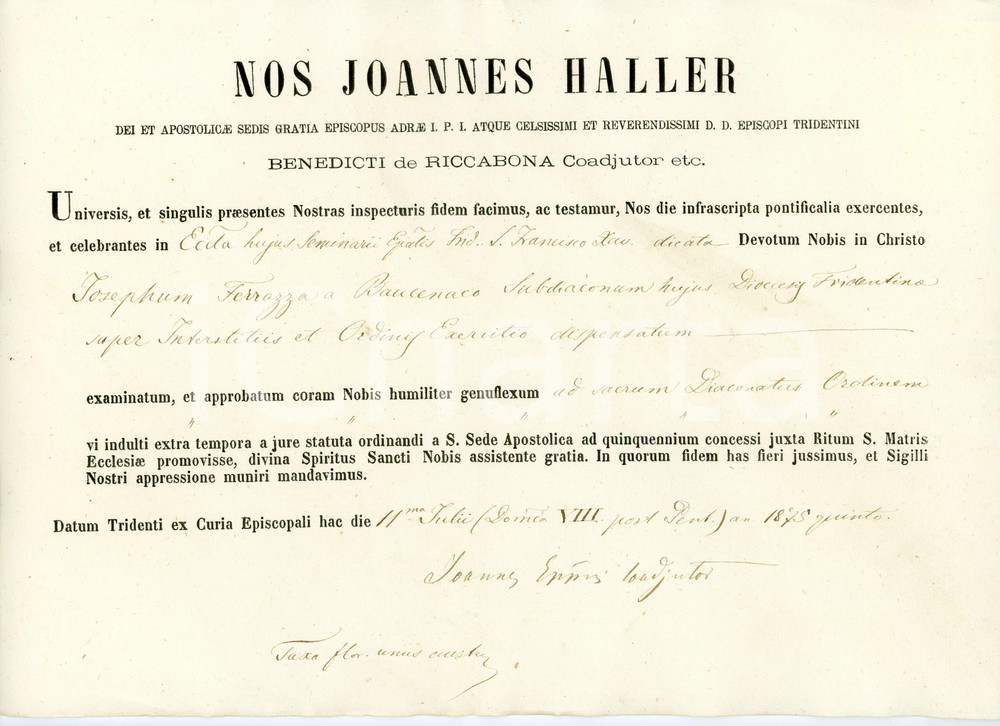 1875 TRENTO Dispensa Giuseppe FERRAZZA suddiacono di BOCENAGO *Documento Lettera a stampa con inserti manoscritti.Carta intestata e firma autografa di mons. Giovanni Haller, vescovo ausiliare di Trento.Timbro a rilievo a secco al lato sinistro. FAIR/discreto piegature d'epoca Formato: 34x22 cm originale e autentica 1