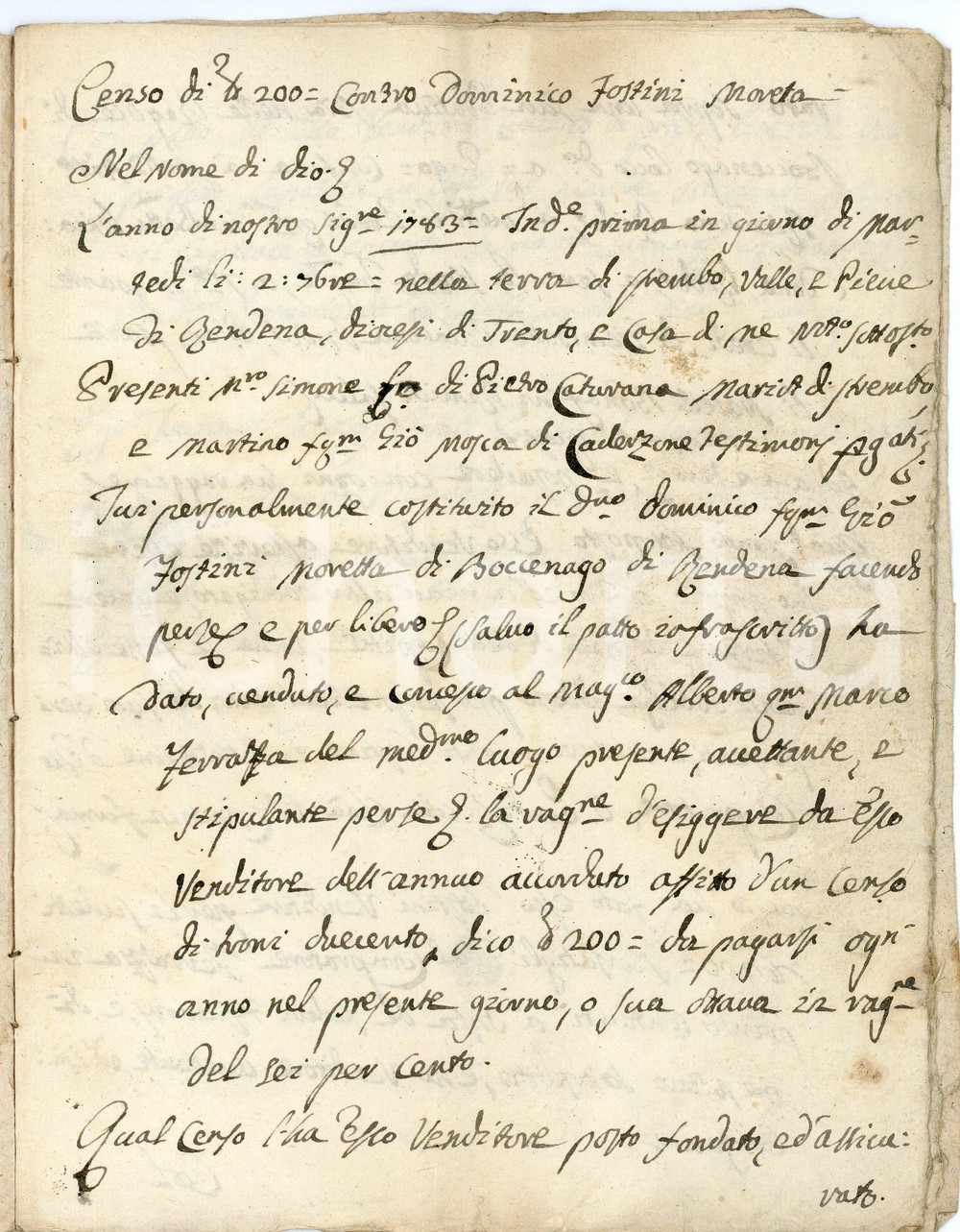 1783 BOCENAGO (TN) Censi FOSTINI e RIGHI pro Alberto FERRAZZA - 2 Atti Coopia di atti manoscritti, con copertina in carta, che riconoscono ad Alberto Ferrazza i censi di Domenico Fostini e Gianbattista Righi.Atti rogati dal notaio Giovanni Giacomo Bruti, con bel tabellionato.PAGINE: 8 (2 bianche) FAIR/discreto piegature d'epoca e tracce di umidità in copertina Formato: 15x22 cm originale e autentica 1