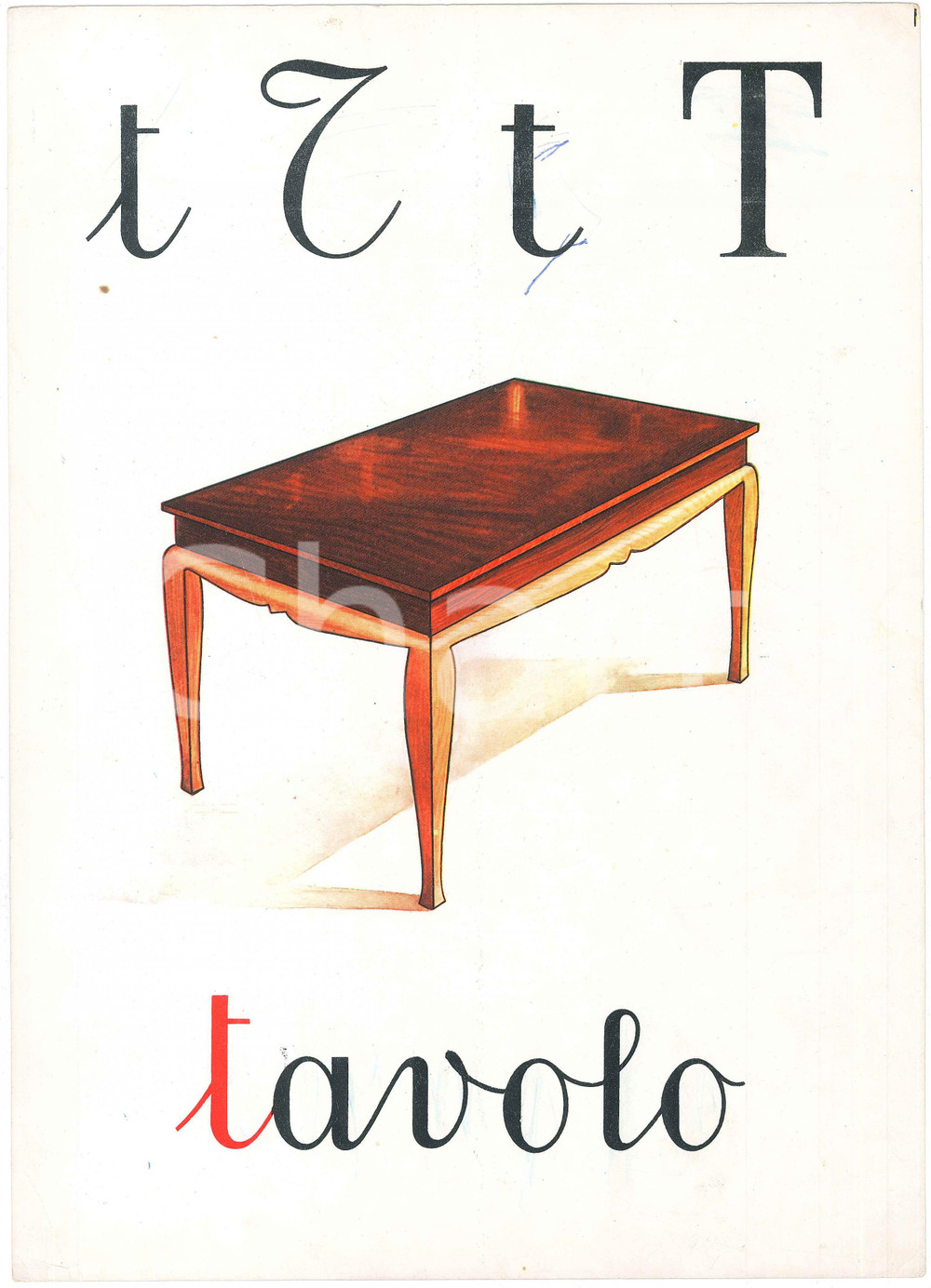 1955 ca ABBECEDARIO Alfabeto murale illustrato - T di Tavolo - 24x34 cm  Alfabeto murale illustrato, su cartoncino.Editrice La Scuola - Brescia FAIR/discreto Lievi smussature e piegature agli angoli Formato: 24x34 originale e autentica 1