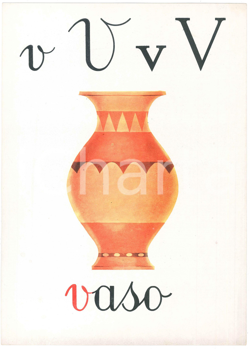 1955 ca ABBECEDARIO Alfabeto murale illustrato - V di Vaso - 24x34 cm  Alfabeto murale illustrato, su cartoncino.Editrice La Scuola - Brescia FAIR/discreto Lievi smussature agli angoli Formato: 24x34 originale e autentica 1