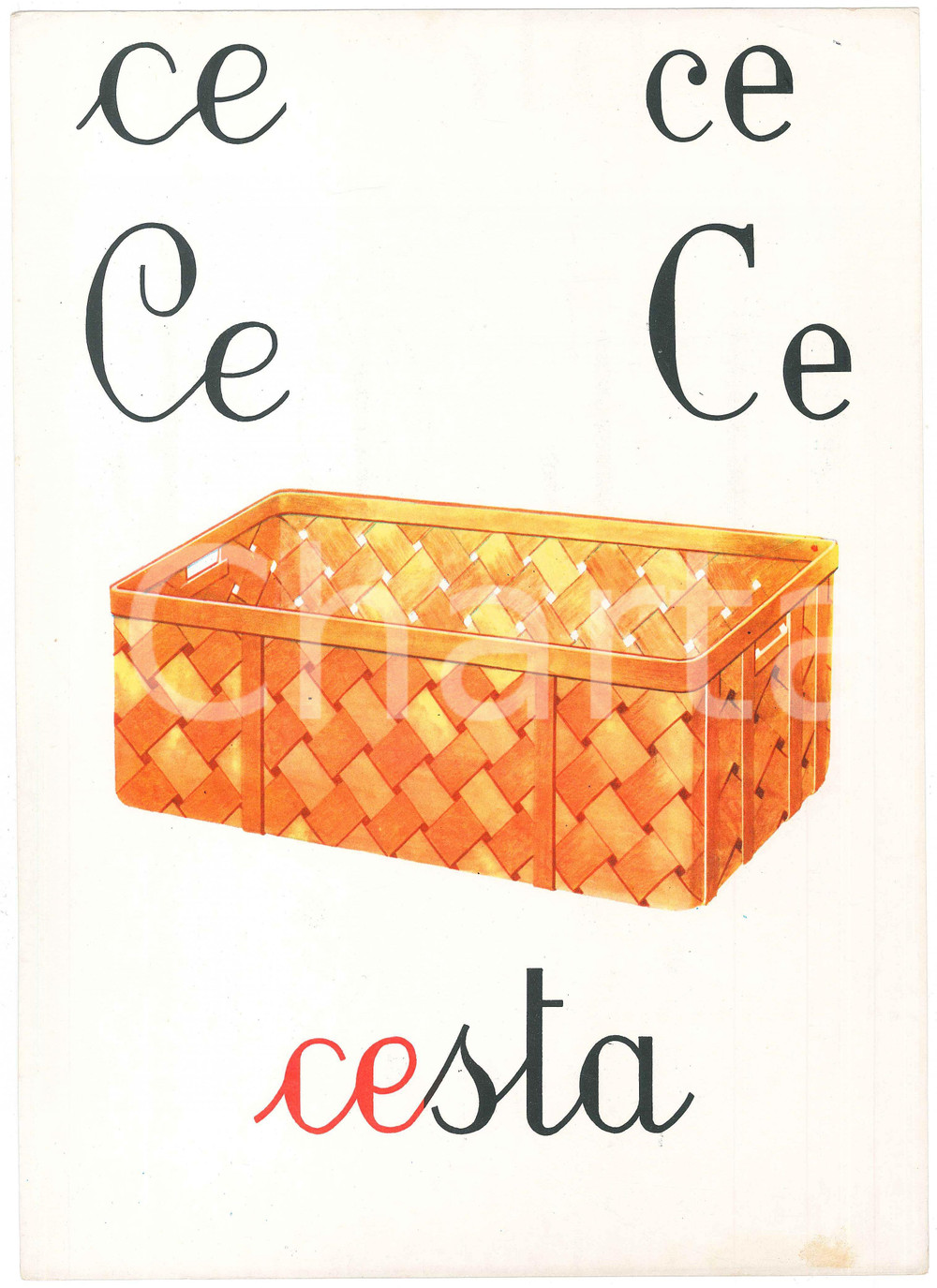 1955 ca ABBECEDARIO Alfabeto murale illustrato - CE di Cesta - 24x34 cm  Alfabeto murale illustrato, su cartoncino.Editrice La Scuola - Brescia FAIR/discreto Lievi smussature  agli angoli Formato: 24x34 originale e autentica 1