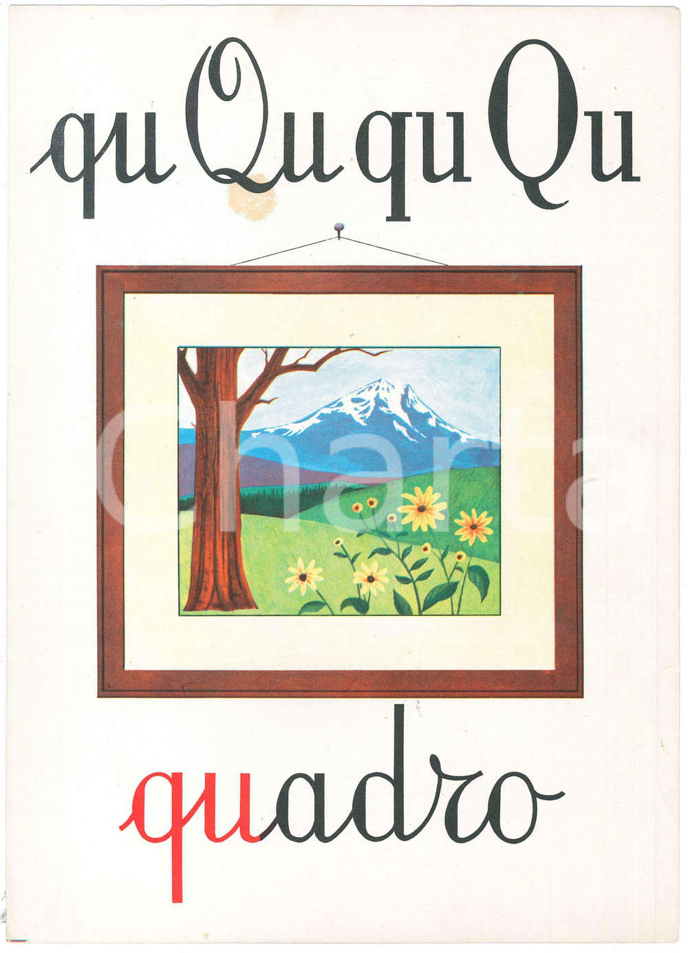 1955 ca ABBECEDARIO Alfabeto murale illustrato - QU di Quadro - 24x34 cm  Alfabeto murale illustrato, su cartoncino.Editrice La Scuola - Brescia FAIR/discreto Lievi smussature agli angoli, macchia al verso Formato: FP originale e autentica 1