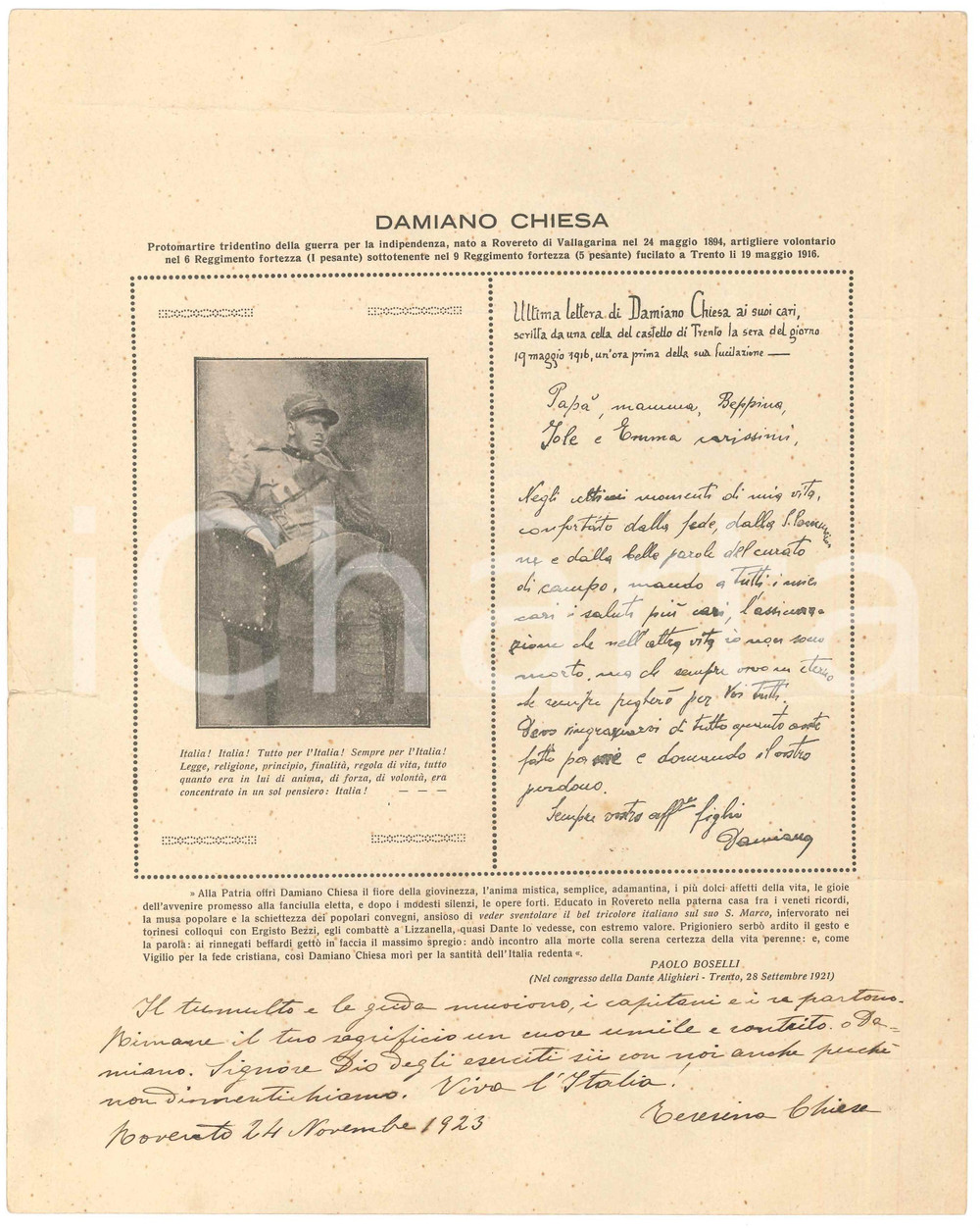 1923 ROVERETO Autografo Teresa MARZARI madre di Damiano CHIESA su stampa Stampa contenente il testo dell'ultima lettera del patriota Damiano Chiesa, con messaggio autografo in calce della madre Teresa. POOR/danneggiato piegature d'epoca e strappo marginale Formato: 23x29 cm originale e autentica 1