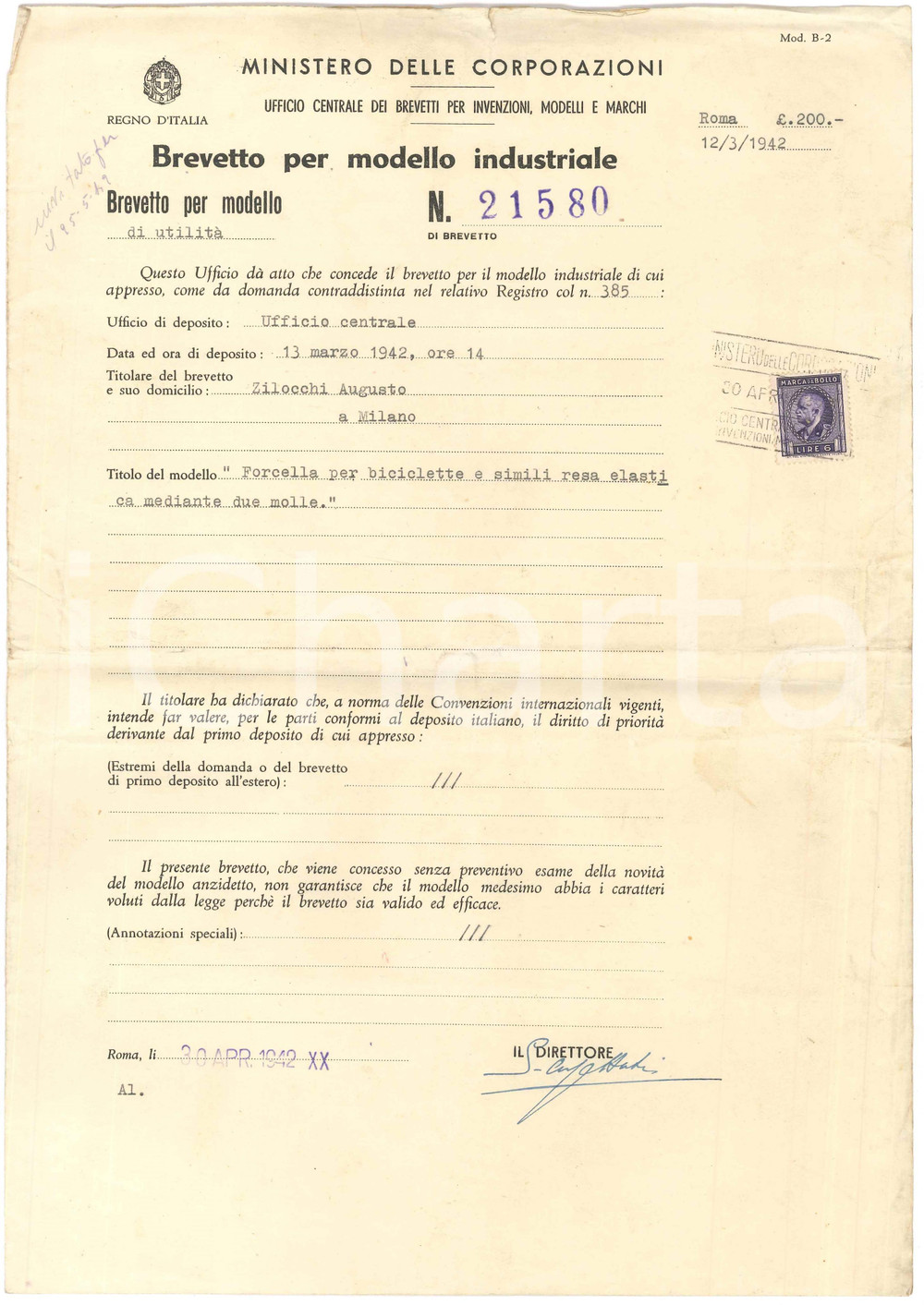 1942 ROMA Brevetto Augusto ZILOCCHI per forcella per biciclette *Fascicolo Fascicolo relativo contenente il brevetto per modello industriale  rilasciato ad Augusto Zilocchi di Milano, il disegno dell'oggetto, descrizione e ricevuta.PAGINE: 8 facciate FAIR/discreto piegature d'epoca e gualciture  originale e autentica 1