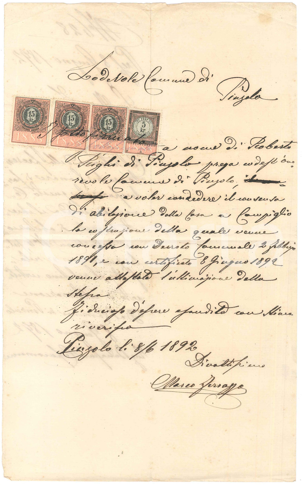 1892 PINZOLO (TN) Supplica di Marco FERRAZZA per consenso di abitazione casa Lettera manoscritta, con striscia di bolli 15 kr.PAGINE: 1 FAIR/discreto piegature d'epoca Formato: 21x34 cm originale e autentica 1