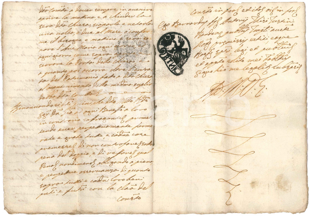 1764 MASSIMENO Binomio chiesa S. Maria Lauretana fatto da don Giovanni COZZINI Atto manoscritto, rogato dal notaio Giuseppe Antonio Ongari di Rendena, con bel tabellionato.PAGINE: 10 (3 bianche) FAIR/discreto piegature d'epoca e fioriture Formato: 15x22 cm originale e autentica 1