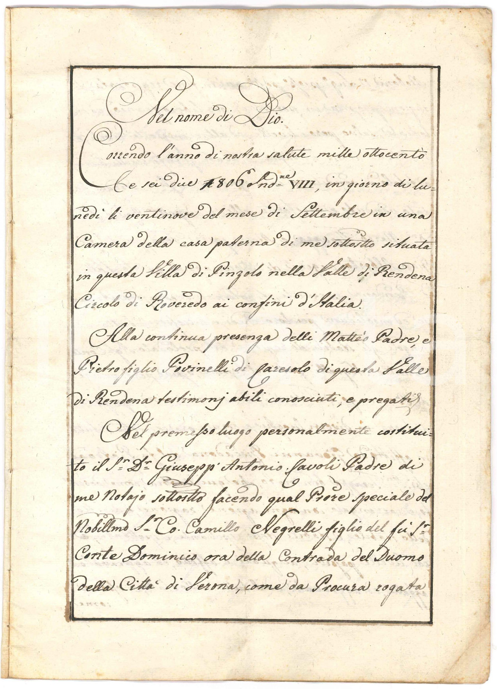 1806 BOCENAGO /FISTO DI RENDENA - FERRAZZA acquista beni conte Camillo NEGRELLI Atto manoscritto di compravendita, relativo all'acquisto di Marco Ferrazza di beni stabili del conte Camillo Negrelli di Verona.Atto redatto dal notaio Giuseppe Cavoli di Pinzone, con timbro.PAGINE: 12+copertina in  carta FAIR/discreto piegature d'epoca; lievi fioriture ai margini Formato: 21x29 cm originale e autentica 1