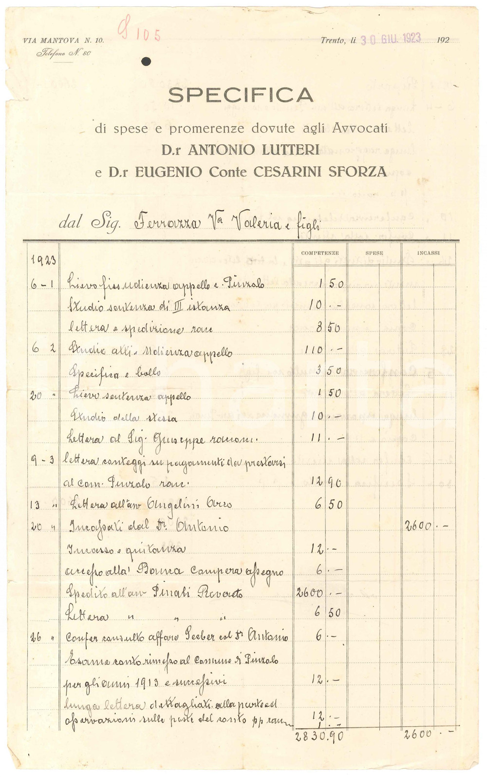 1923 TRENTO Avvocati Antonio LUTTERI Eugenio CESARINI SFORZA - Specifica spese Documento manoscritto, su carta intestata.PAGINE: 1 (2 facciate) FAIR/discreto piegature d'epoca con piccoli strappi marginali Formato: 21x34 cm originale e autentica 1