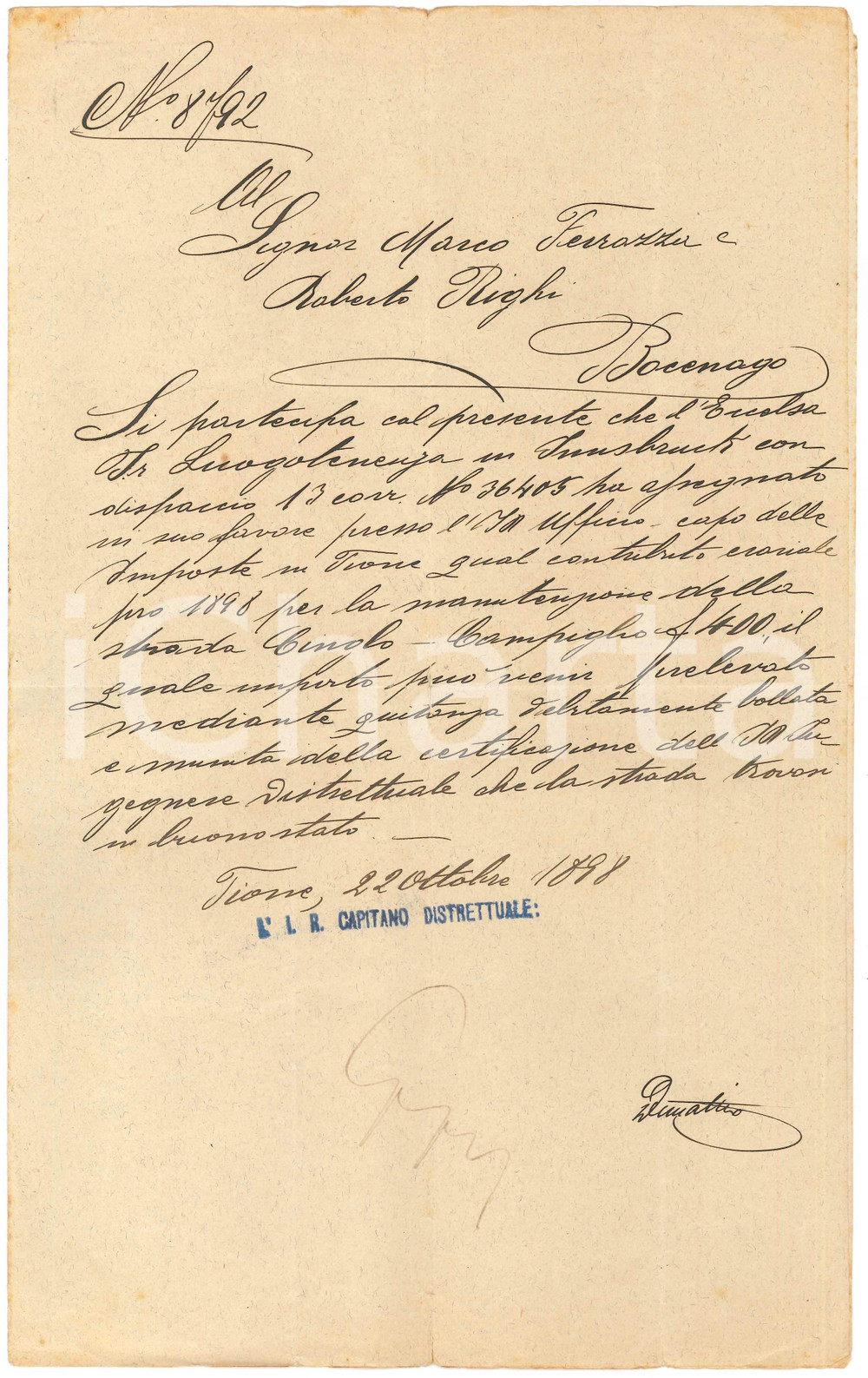 1898 TIONE DI TRENTO Contributo alla manutenzione della strada per CAMPIGLIO Lettera manoscritta, relativa all'erogazione di un contributo per la manutenzione di una strada.PAGINE: 4 (1 scritta) FAIR/discreto piegature d'epoca Formato: 21x34 cm originale e autentica 1