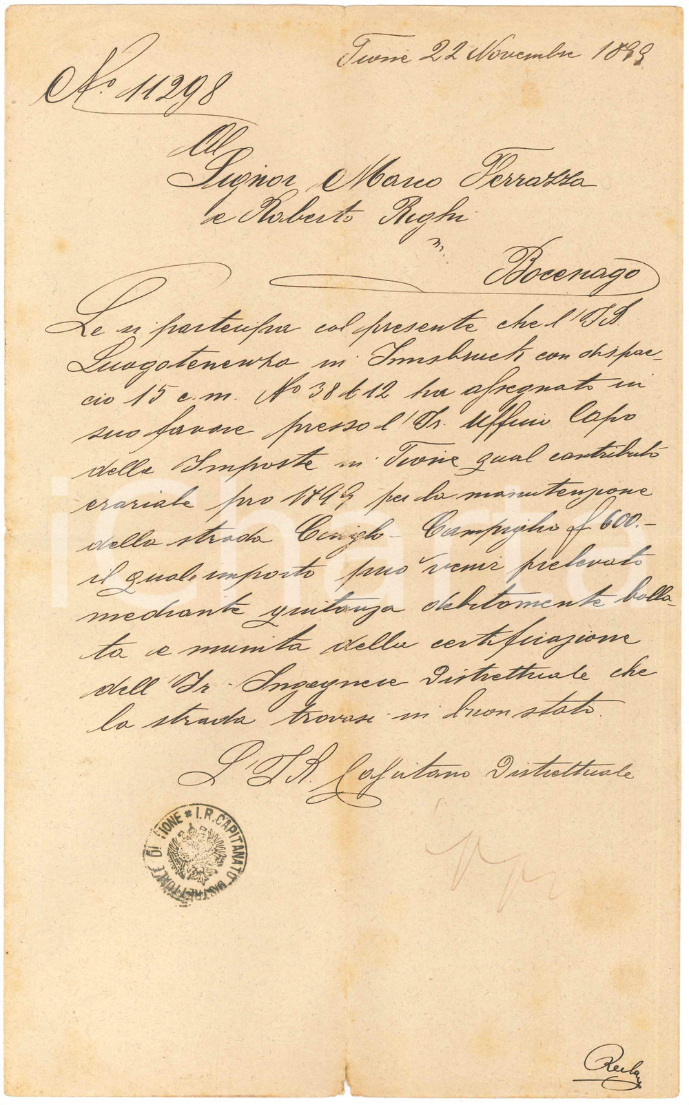 1899 TIONE DI TRENTO Contributo manutenzione della strada per CAMPIGLIO Lettera manoscritta, relativa all'erogazione di un contributo per la manutenzione di una strada.PAGINE: 4 (1 scritta) FAIR/discreto piegature d'epoca Formato: 21x34 cm originale e autentica 1