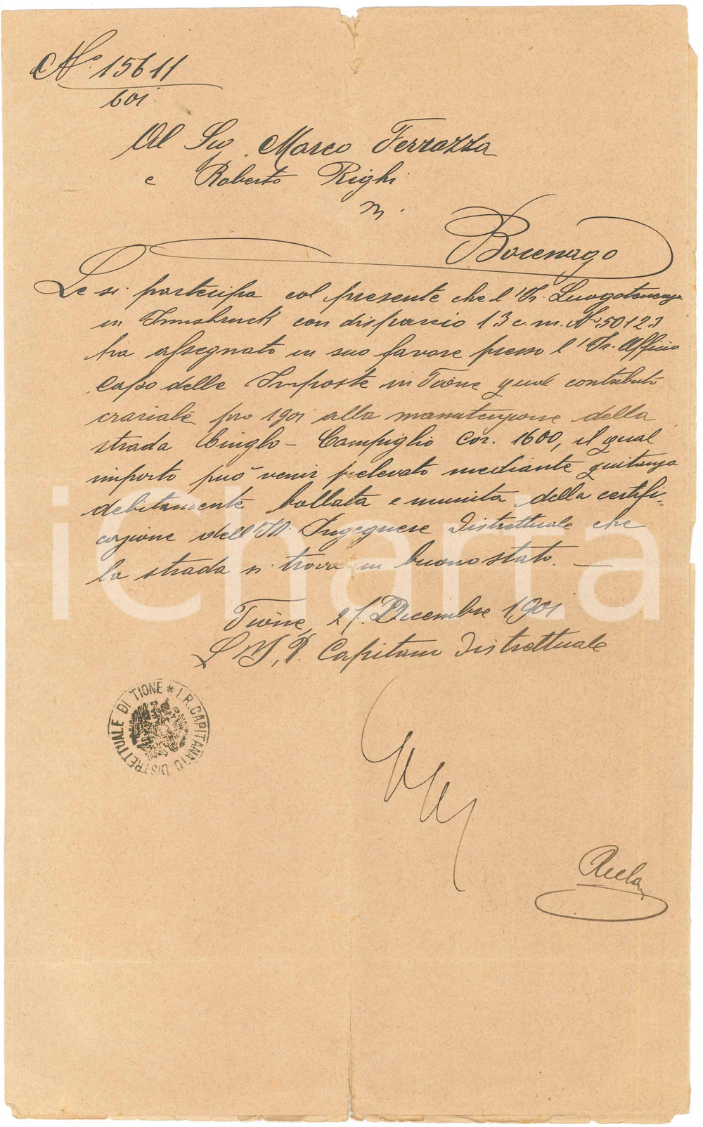 1901 TIONE DI TRENTO Contributo manutenzione strada CINGLO - CAMPIGLIO Lettera manoscritta, relativa all'erogazione di un contributo per la manutenzione di una strada.PAGINE: 1 POOR/danneggiato piegature d'epoca e piccoli strappi marginali Formato: 21x34 cm originale e autentica 1