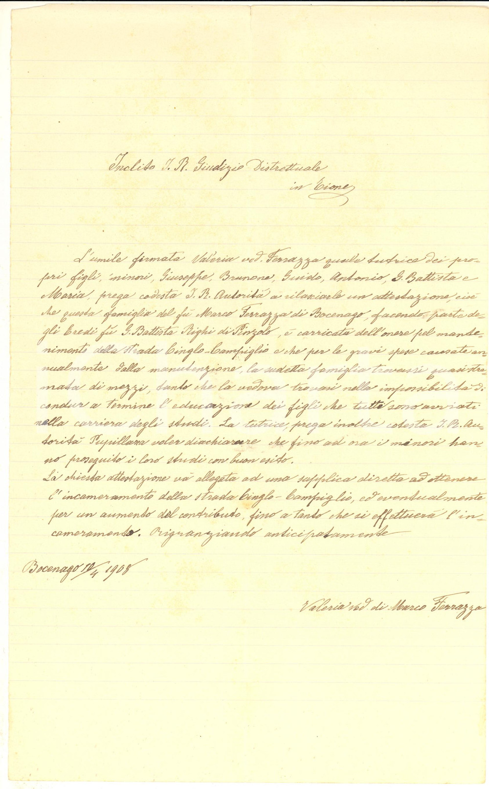 1908 BOCENAGO Supplica vedova Valeria FERRAZZA priva di mezzi per i figli Lettera manoscritta. PAGINE: 1 FAIR/discreto piegature d'epoca Formato: 21x34 cm originale e autentica 1