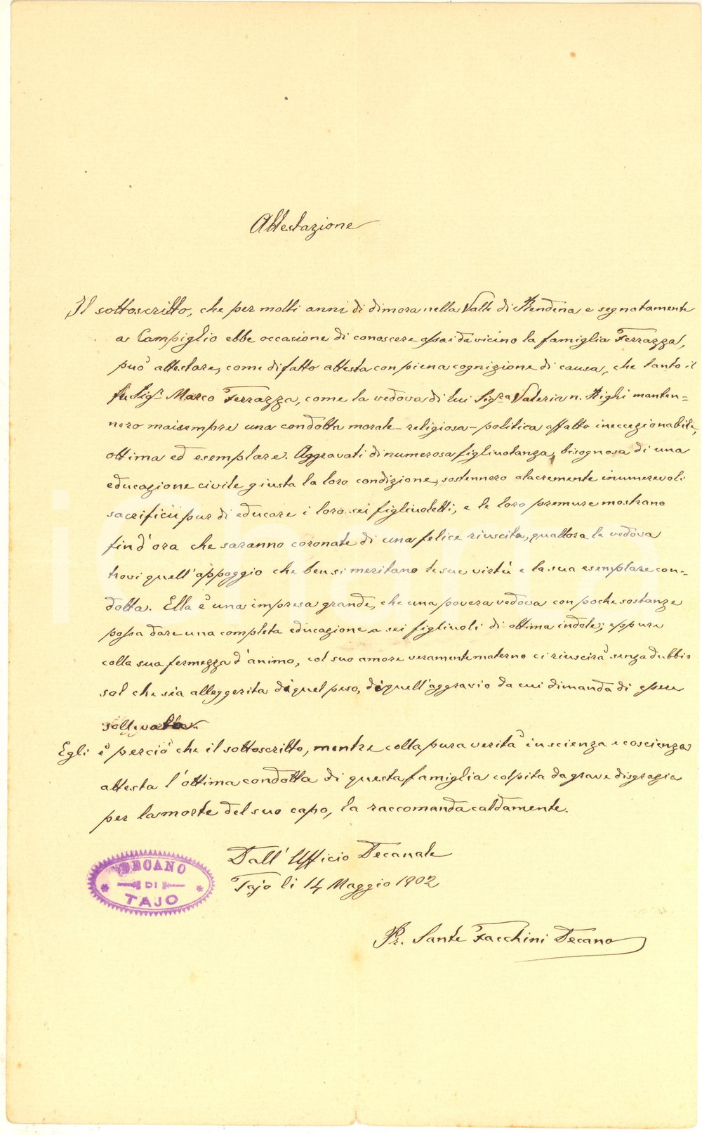 1902 TAIO (TN) Fede di moralità vedova FERRAZZA - Don Sante FACCHINI Fede di moralit&agrave; manoscritta, con timbro del decano di Tajo.PAGINE: 4 (1 scritta) FAIR/discreto piegature d'epoca; minimo strappo marginale Formato: 21x34 cm originale e autentica 1