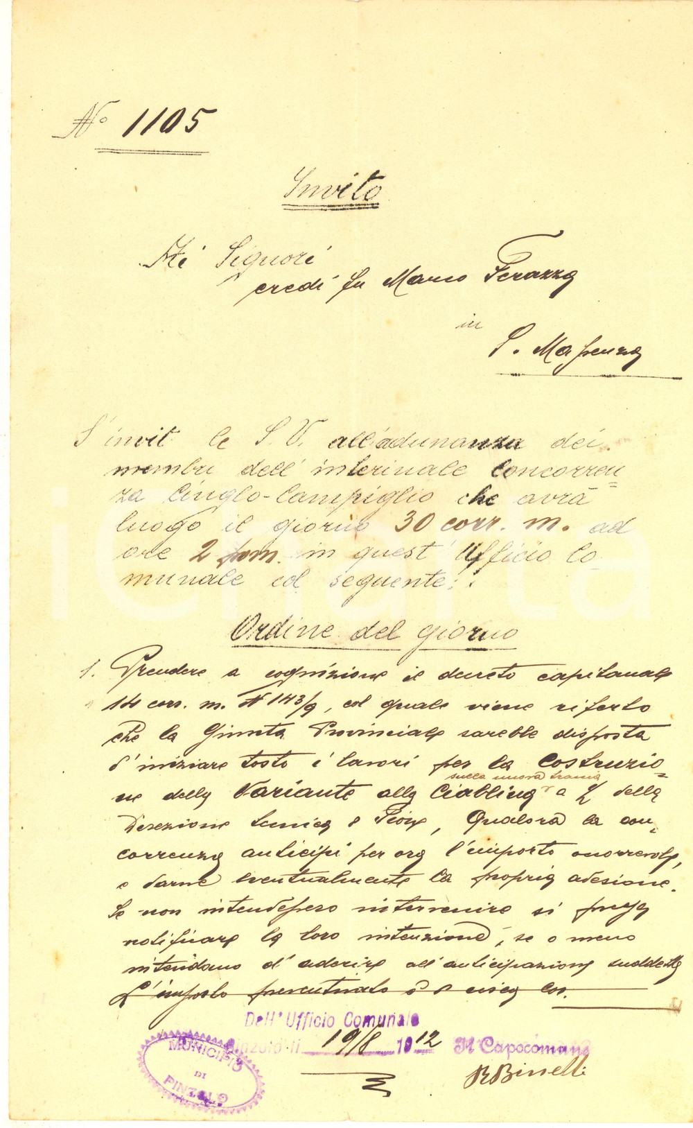 1912 PINZOLO (TN) Invito per adunanza su strada CINGLO-CAMPIGLIO Documento originale d'epoca.PAGINE: 1 FAIR/discreto piegature d'epoca Formato: 21x34 cm originale e autentica 1