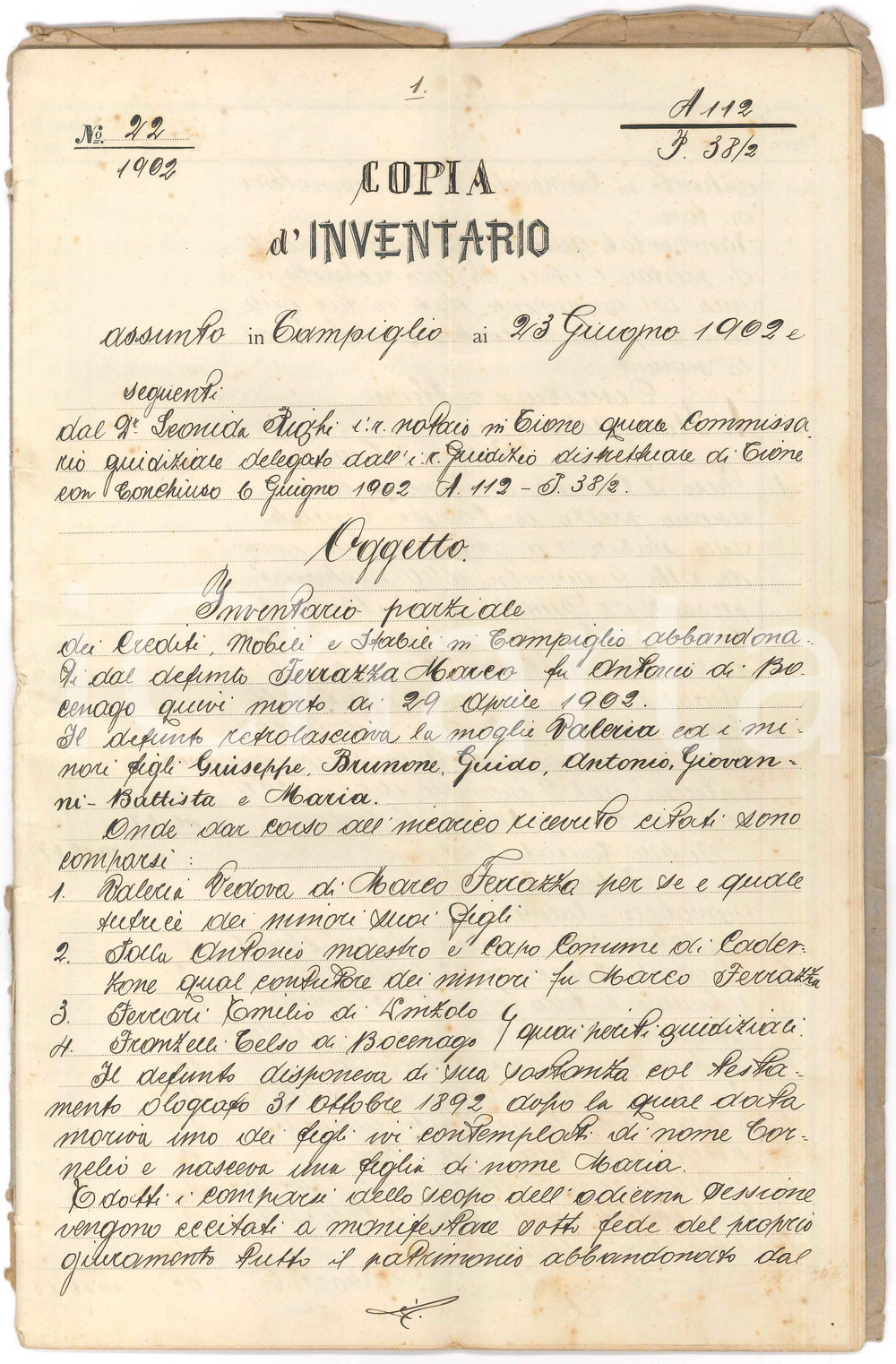 1902 MADONNA DI CAMPIGLIO Inventario crediti del defunto Marco FERRAZZA Atto notarile manoscritto, con copertina in carta.Sigillo su carta del notaio Leonida Righi di Tione.PAGINE: 34 FAIR/discreto piegature d'epoca; copertina in carta danneggiata da strappi Formato: 21x34 cm originale e autentica 1